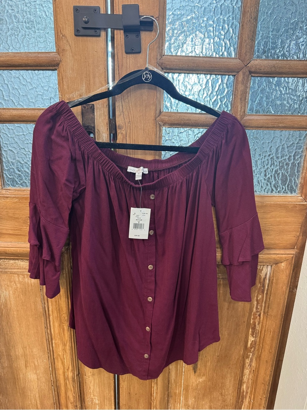 Moa Moa Off-Shoulder Button Front Blouse - Burgundy